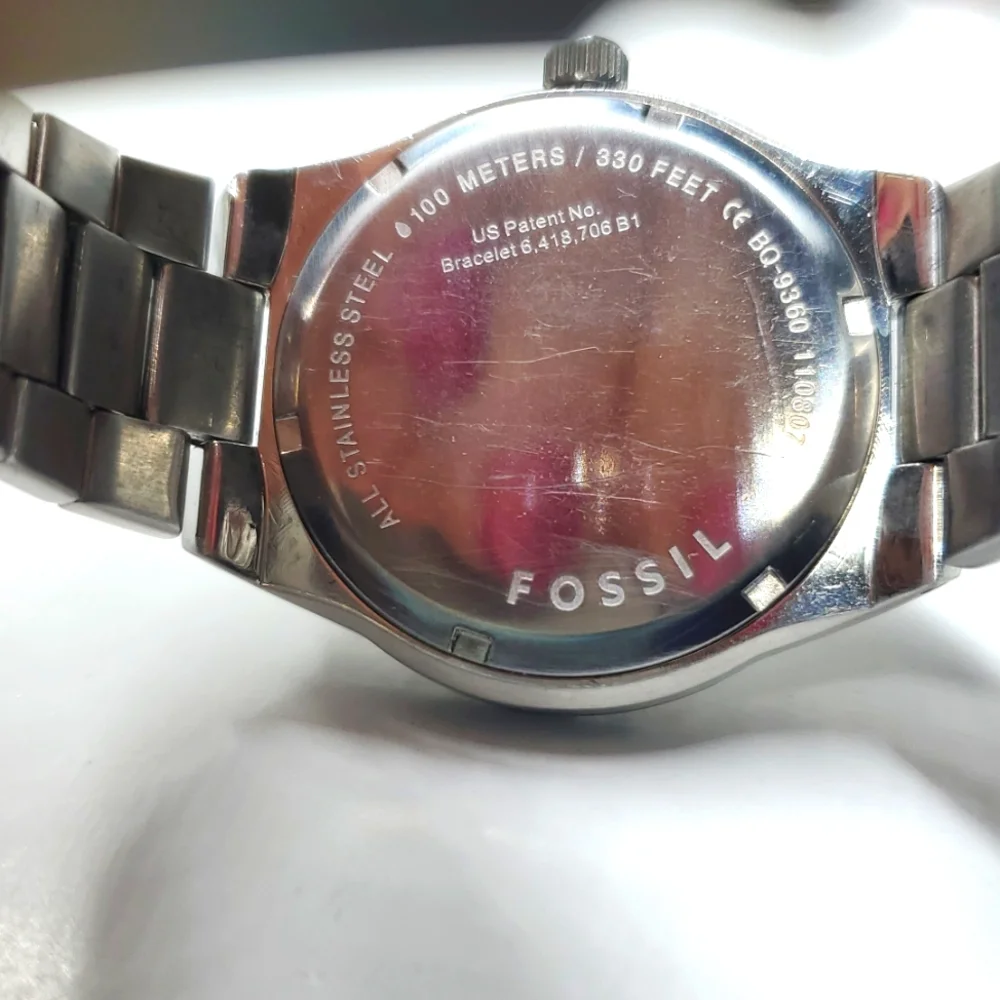 Fossil Watch BQ9360 Silver Steel Wristband Mother of Pearl Face Dual Subdial
